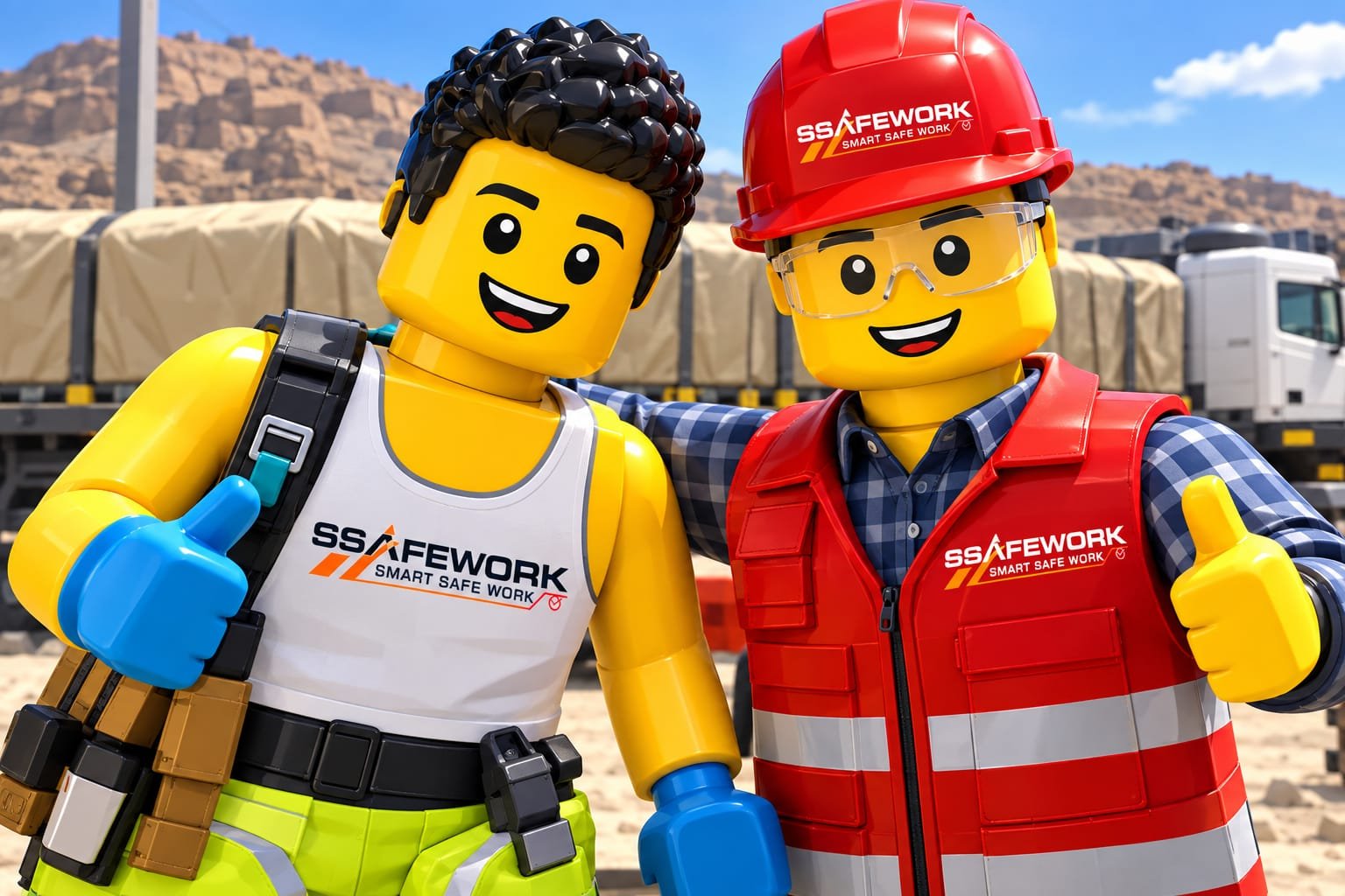 Dos personajes estilo LEGO con uniformes SSAFEWORK, casco, chaleco y lentes de seguridad, con el pulgar en alto en una obra