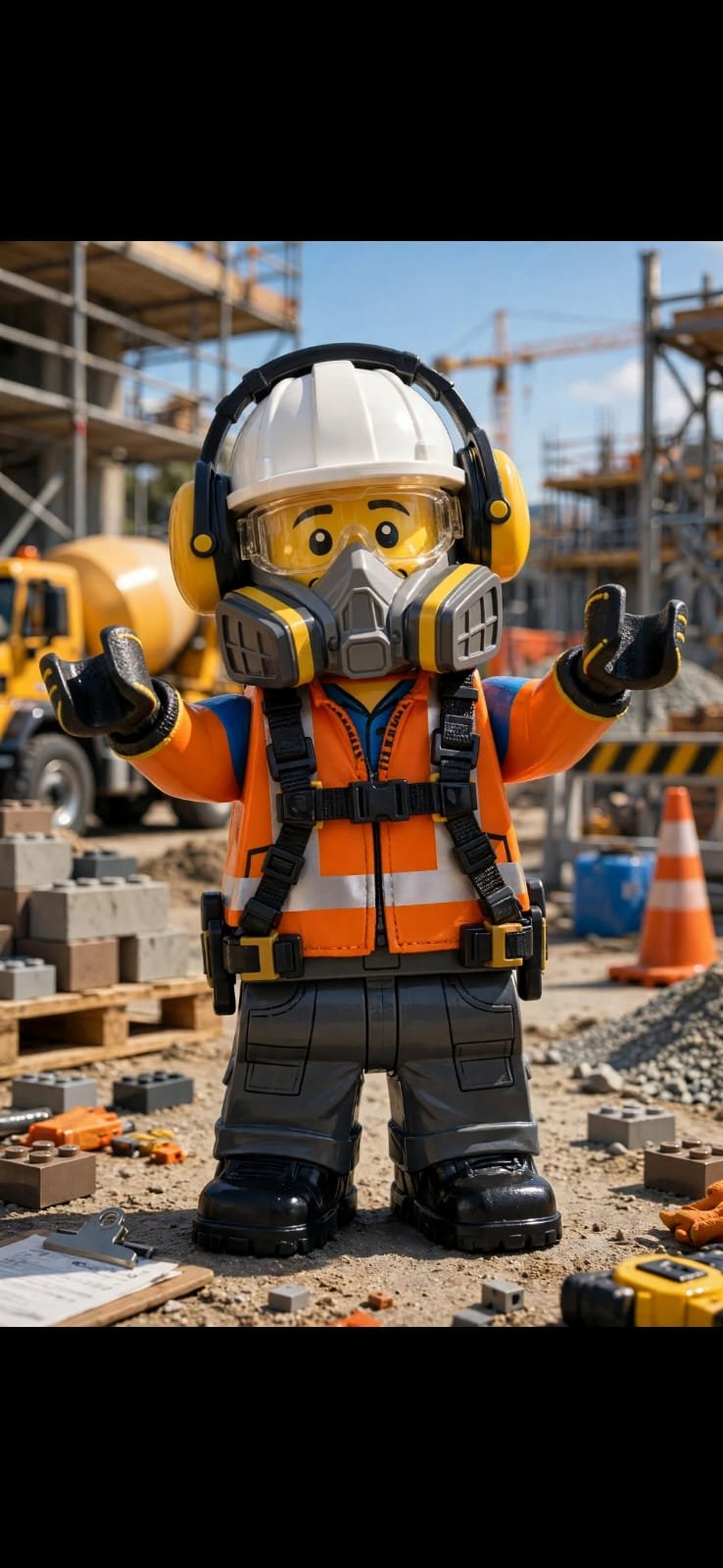 SECTORES Mascota corporativa de SSAFEWORK con casco, arnés y equipo de protección en una obra de construcción