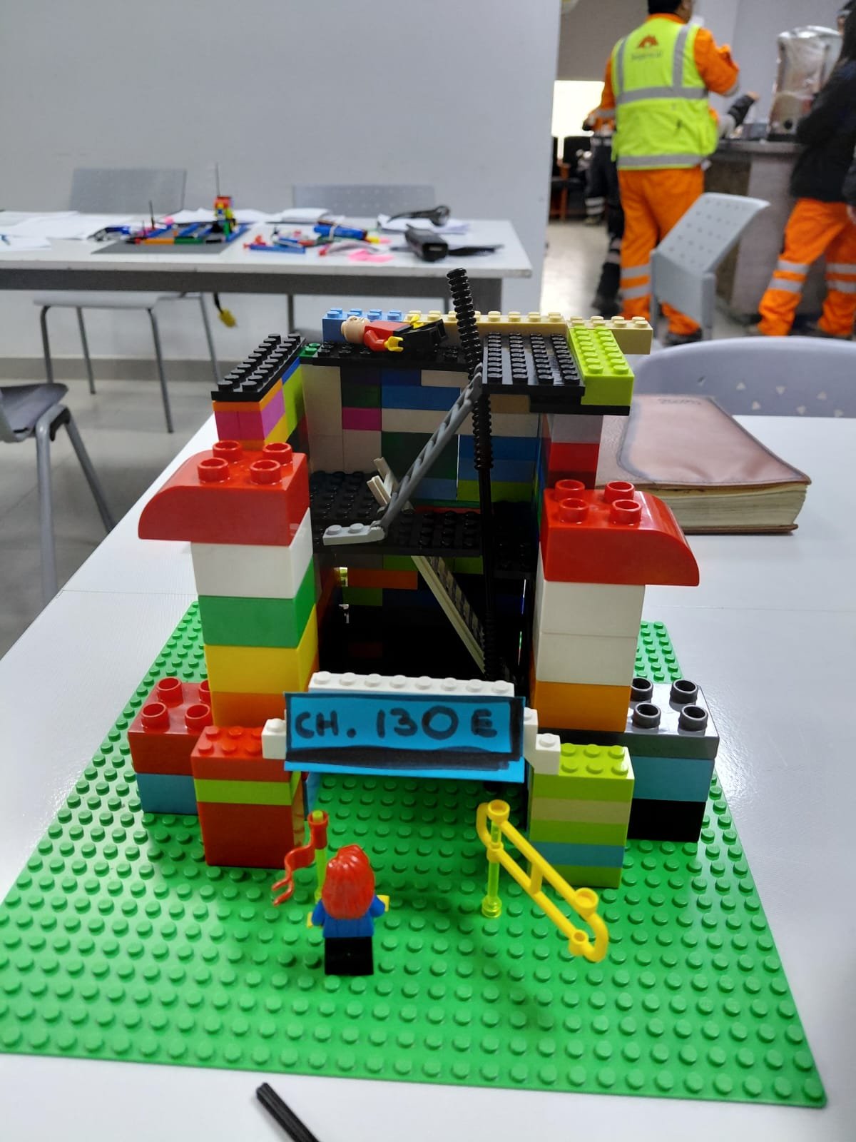 Maqueta de LEGO usada en un taller para analizar riesgos, con una figura caída sobre una estructura
